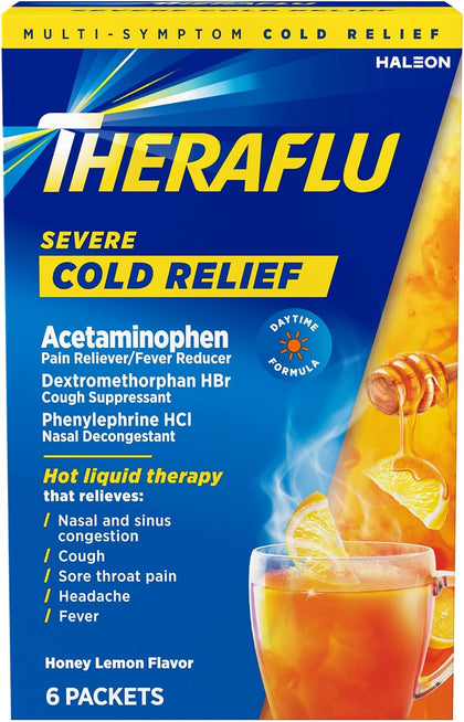 Theraflu Daytime Severe Cold Relief Powder, Cold and Cough Medicine Powder Packets, Honey Lemon Flavors - 6 Packets