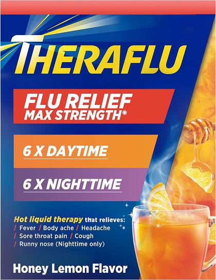 Theraflu Combo Daytime and Nighttime Severe Cold Relief Powder, Honey Lemon Flavor, 12 Count, 6 Daytime and 6 Nighttime (expiry -12/31/2024)