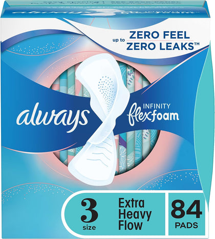 Always Infinity Feminine Pads for Women, Size 3, Extra Heavy Flow, with wings, Unscented, 28 count x 3 Packs (84 count total)