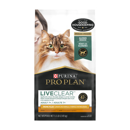 Purina Pro Plan Allergen Reducing Senior Cat Food, LIVECLEAR Adult 7+ Prime Plus Chicken and Rice Formula - 5.5 lb. Bag