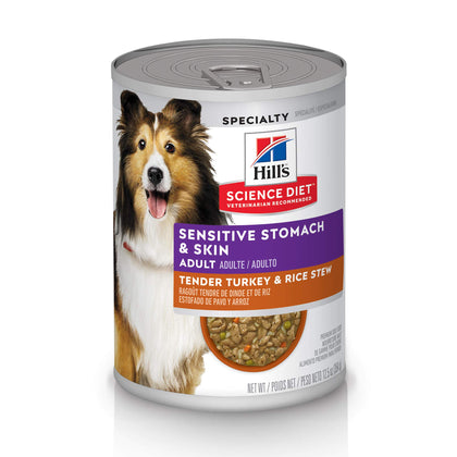 Hill's Science Diet Wet Dog Food, Adult, Sensitive Stomach & Skin, Tender Turkey & Rice Stew, 12.5 oz. Cans 12-Pack (Used - Like New)