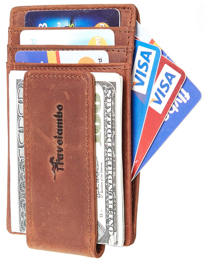 Travelambo Money Clip Front Pocket Wallet Slim Minimalist Wallet RFID Blocking (Matte Deep Brown)