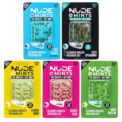 NUDE Breath Mints for Bad Breath - VARIETY PACK - Keto Friendly - Gluten Free - Zero Sugar - Carbs - Calories - Breath Freshener For People - Instant Freshness - Cleanse Gut - 5 Pack - 150 Mint Capsules