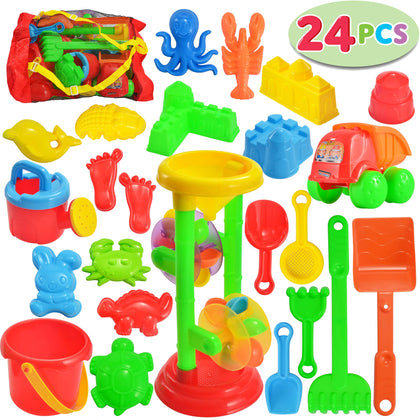 JOYIN 24 Pcs Beach Sand Toys Set Includes Sand Water Wheel, Sandbox Vehicle, Sand Molds, Bucket, Sand Shovel Tool Kits, Sand Toys for Toddlers Kids Outdoor Play (1 Bonus Mesh Bag Included)