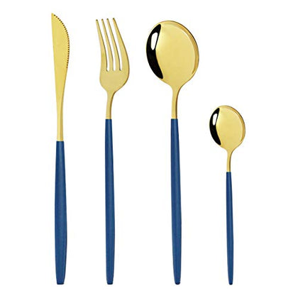 Gugrida Silverware Set - 18/10 Stainless Steel Reusable Utensils Flatware Set, Mirror Cutlery Flatware Set, Great for Family Gatherings & Daily Use (Service For 6, Blue Gold)