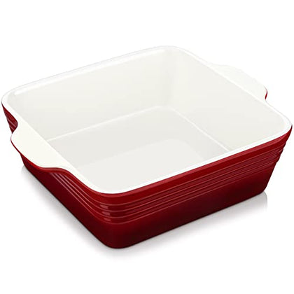LOVECASA 8x8 inch Baking Pan, 2 Quart Square Cake Pan Baking Dish for Oven, Stoneware Brownie Pan Non-Stick, Casserole Baking Pan with Handle,Ceramic Bread Pans for Baking, Red