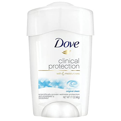 Dove Clinical Protection Antiperspirant Deodorant For Sweat and Odor Protection Original Clean Antiperspirant For Women Made With 1/4 Moisturizers 1.7 oz