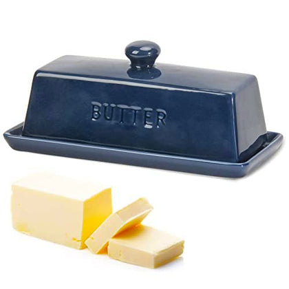 Butter Dish With Lid, WERTIOO Porcelain Butter Keeper With Handle Cover French Butter Dish Ceramic Butter Holder Container for Countertop, Dark Blue