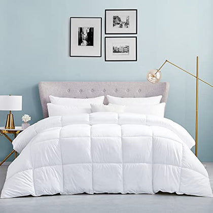 Luxurious Full/Queen Size Hard-to-FIND 75 Oz Fill Weight Goose Down Alternative Comforter, 600 Thread Count 100% Egyptian Cotton Cover, 700 Fill Power, Solid White Color