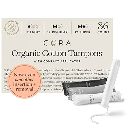 Cora Organic Applicator Tampon Multipack | 12 Light, 12 Regular, and 12 Super Absorbency | 100% Organic Cotton, Unscented, Plant-Based Compact Applicator | Leak Protection | 36 Count Total