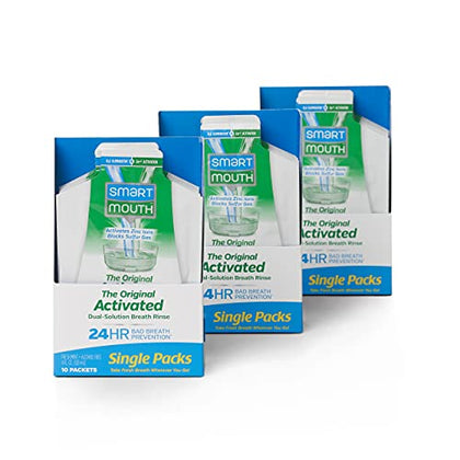 SmartMouth Mouthwash Travel Packets for 24 Hours of Fresh Breath Guaranteed, 3 Boxes, 10 packs each