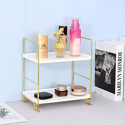 kaileyouxiangongsi 2-Tier Kitchen Spice Rack - Freestanding Stackable Bathroom Countertop Storage Shelf - Cosmetic Organizer Holder- Square Standing Rack (Golden)
