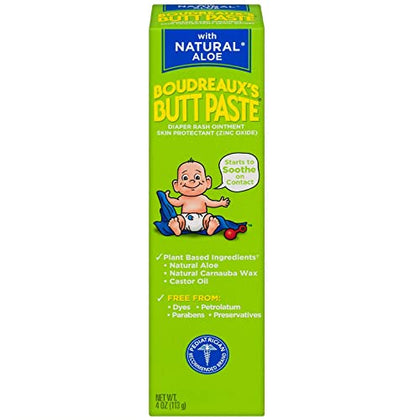 Boudreaux's Butt Paste with Natural* Aloe Diaper Rash Cream, Ointment for Baby, 4 oz Tube