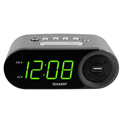 SHARP Digital Easy to Read Alarm Clock with 2 AMP High-Speed USB Charging Power Port - Charge Your Phone, Tablet with a high Speed Charge! Simple, Easy to Use Operation, Black - Green LEDs