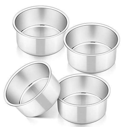 P&P CHEF 4 Inch Small Cake Pan Set of 4, Stainless Steel Baking Round Tins Bakeware for Mini Pizza, Quiche, Non Toxic & Healthy, Leakproof & Easy Clean, Mirror Finish & Easy Releasing