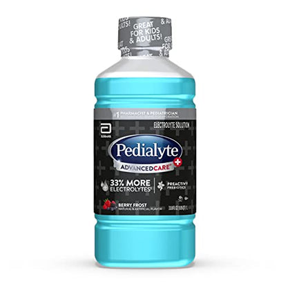 Pedialyte Advancedcare Plus Electrolyte Drink, 1 Liter, 4 Count, with 33% More electrolytes & Has Preactiv Prebiotics, Berry Frost, 33.8 Fl Oz (Pack of 4)