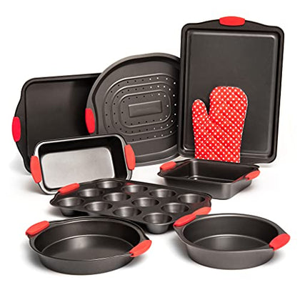 Moss & Stone 9 Piece Baking Pans Set, Oven Safe Baking Sheet Set Carbon Steel Non-Stick PTFE Coating, Bakeware Set With Heat Red Silicone Handles, Black Baking Trays For Oven