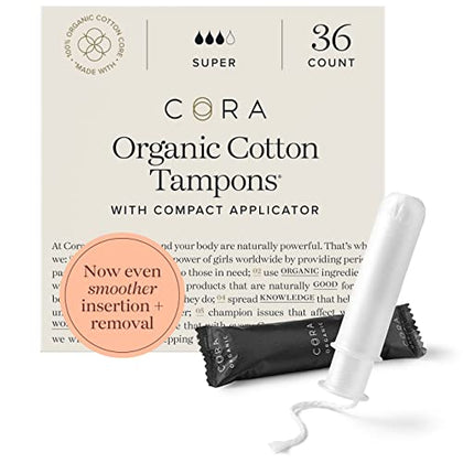 Cora Organic Applicator Tampons | Super Absorbency | 100% Organic Cotton, Unscented, Plant-Based Compact Applicator | Leak Protection, Easy Insertion, Non-Toxic | 36 Count