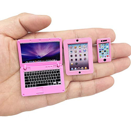 3 Pack Dollhouse Mini Laptop Tablet and Smart Phone Scene Computer Simulation Accessories for Doll 1/6 1/12 Miniatures (Pink)