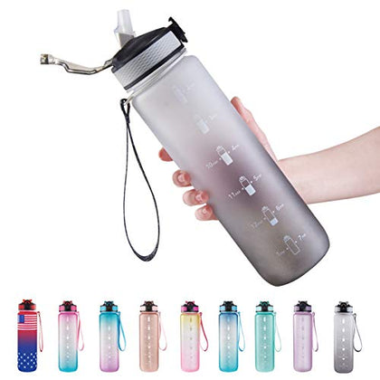 32 oz Water Bottle with Time Marker, Carry Strap, Leak-Proof Tritan BPA-Free, Ensure You Drink Enough Water for Fitness, Gym, Camping, Outdoor Sports (Black/Gray Gradient)