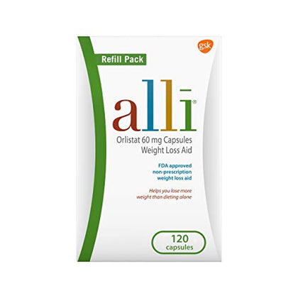 alli Weight Loss Diet Pills Orlistat 60 mg Capsules Non Prescription Weight Loss Aid 120 Count Refill Pack (Expiry -8/31/2024)
