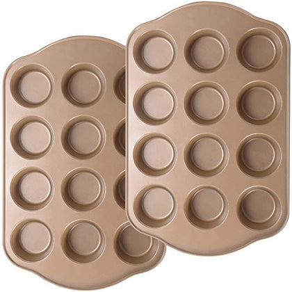 JOHO BAKING Nonstick Muffin Pan 12, Large Cupcake Pans for Baking, Muffin Tins for Oven, 2 Pack, 12-Cup, Gold