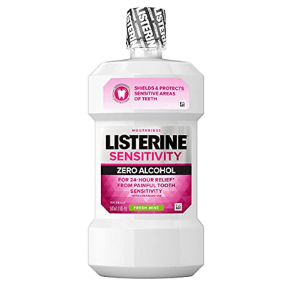 Listerine Sensitivity Mouthwash, Zero Alcohol, Less Intense Formula, for Sensitive Teeth, Bad Breath Treatment, Alcohol Free Mouth Wash for Adults; Fresh Mint Flavor, 500 mL (Pack of 2)