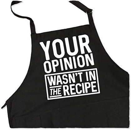 BBQ Grill Apron - Your Opinion Wasn't in the Recipe - Funny Apron For Dad - 1 Size Fits All Chef Apron Poly/Cotton 4 Utility Pockets, Adjustable Neck and Extra Long Waist Ties