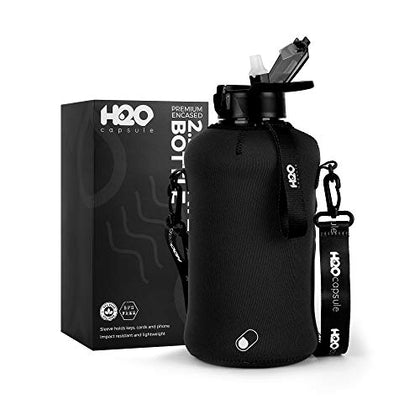 H2O Capsule 2.2L Half Gallon Water Bottle with Storage Sleeve and Covered Straw Lid - BPA Free Large Reusable Drink Container with Handle - Big Sports Jug, 2.2 Liter (74 Ounce) Jet Black
