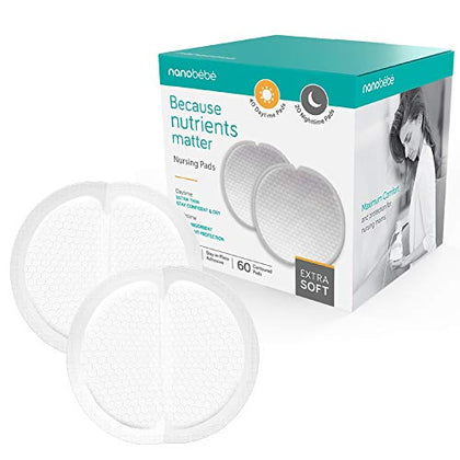 Nanobébé Disposable Nursing Pads - 40 Days and 20 Nights Ultra Thin & Extra Absorbent Vented Leak Proof Nursing Essentials, Individually Wrapped (60 Count)