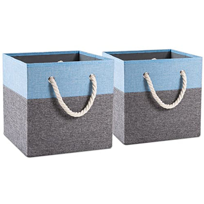 PRANDOM Large Foldable Cube Storage Bins 13x13 inch [2-Pack] Fabric Linen Storage Baskets Cubes Drawer with Cotton Handles Organizer for Shelves Toy Nursery Closet Bedroom Blue