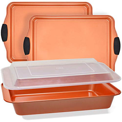 Baking Sheet 4 Piece Set Nonstick Copper Carbon Steel Oven Bakeware Kitchen Set with Silicone Grips, Includes 2x 9x13