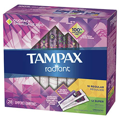 Tampax Radiant Tampons Multipack With Leakguard Braid, Regular/Super Absorbency, With Leakguard Braid, Unscented, 28 Count