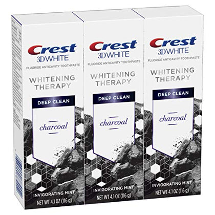 Crest Charcoal 3D White Toothpaste, Whitening Therapy Deep Clean with Fluoride, Invigorating Mint, 4.1 Oz (Pack of 3)
