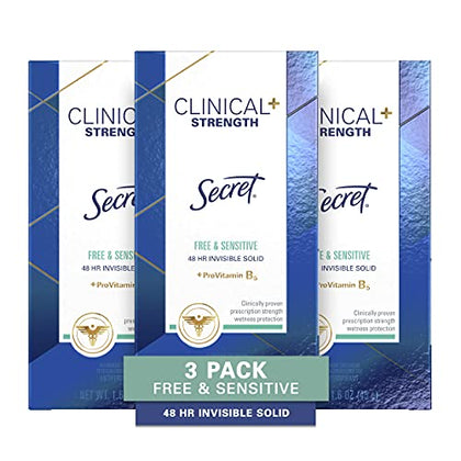 Secret Antiperspirant Clinical Strength Deodorant for Women, 72 Hr Sweat Protection Invisible Solid, Free & Sensitive Unscented, 1.6 Ounce (Pack of 3)
