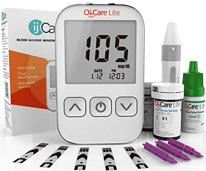 Oh'Care Lite Blood Sugar Test Kit - Blood Glucose Meter with Strips and Lancets, Lancing Device, Log, and Case - One Touch Eject Glucometer (110 Strips, 125 Lancets, & Control Solution)
