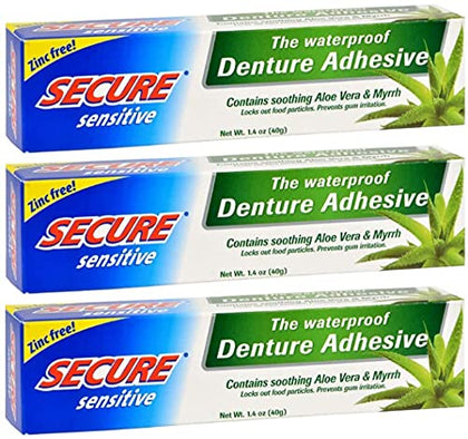 Secure Sensitive Denture Adhesive with Aloe Vera & Myrrh - 12-Hour Max Hold - Patented Waterproof Seal - for All Denture Types - Food Grade Ingredients - FSA HSA Approved - 1.4 oz (3 Pack)
