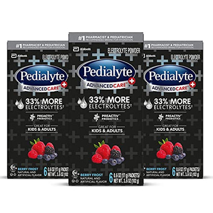 Pedialyte AdvancedCare Plus Electrolyte Powder, with 33% More Electrolytes and PreActive Prebiotics, Berry Frost, Drink Powder Packets, 0.6 oz, 18 Count