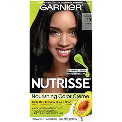 Garnier Hair Color Nutrisse Nourishing Creme, 10 Black (Licorice) Permanent Hair Dye, 1 Count (Packaging May Vary)