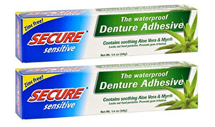 Secure Sensitive Denture Adhesive with Aloe Vera & Myrrh - 12-Hour Max Hold - Patented Waterproof Seal - for All Denture Types - Food Grade Ingredients - FSA HSA Approved - 1.4 oz (2 Pack)