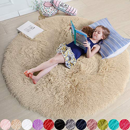 Beige Round Rug for Bedroom,Fluffy Circle Rug 4'X4' for Kids Room,Furry Carpet for Teen's Room,Shaggy Circular Rug for Nursery Room,Fuzzy Plush Rug for Dorm,Beige Carpet,Cute Room Decor for Baby