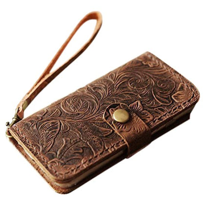 Handmade Leather iPhone 13/13 Mini / 13 Pro / 13 Pro Max Wallet Case With Wristlet - Tooled Flower Brown
