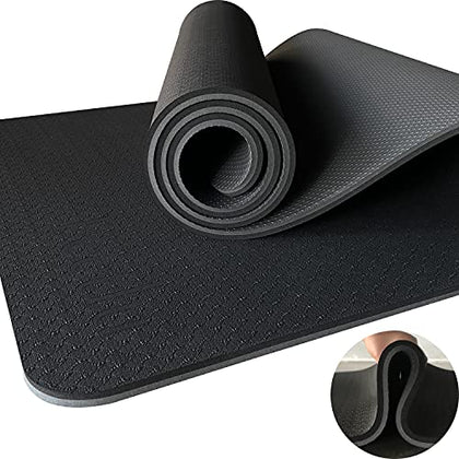 Feetlu Yoga Mat Thick with Strap, 2/5 Inch (10MM) - Extra Thick Yoga Mat Non Slip Workout Mat Double-Sided, Eco POE Yoga Mats for Women Men, Workout Mat for Yoga, Pilates, and Floor Exercises(BK/GY)