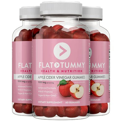 Flat Tummy Apple Cider Vinegar Gummies, 60 Count - Boost Energy, Detox, Support Gut Health & Healthy Metabolism - Vegan, Non-GMO ACV Gummies- Made with Apples, Beetroot, Vitamins B9 & B12- Pack of 3