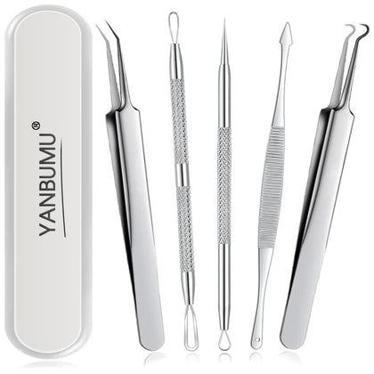 YANBUMU Blackhead Remover Tools, Pimple Popper Tool Kit, Stainless Steel Black Head Remover for face, Pimple Extractor Tweezers for Acne Comedone Zit Whitehead, Skin tag Remover 5pcs