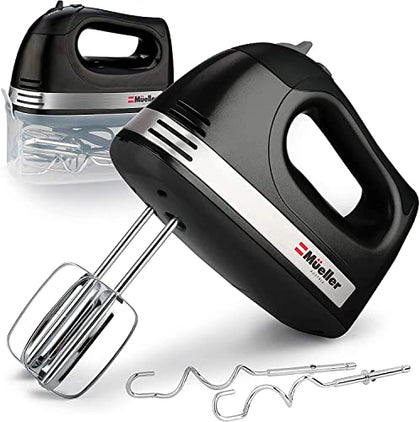 Mueller Electric Hand Mixer, 5 Speed with Snap-On Case, 250 W, Turbo Speed, 4 Stainless Steel Accessories, Beaters, Dough Hooks, Baking Supplies for Whipping, Mixing, Cookies, Bread, Cakes, Black