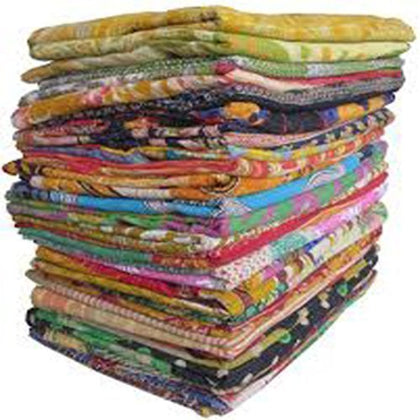 Mix Lot of Indian Tribal Kantha Quilts Vintage Cotton Bed Cover Throw Old Sari Made Assorted Patches Made Rally Whole Sale Blanket (52X80 Inches) Twin Size