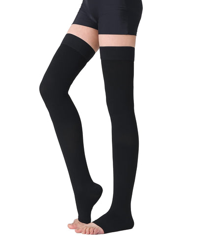 TOFLY - Medical Thigh High Compression Stockings for Women & Men (Pair), Opaque Open Toe 15-20mmHg Graduated Compression Hose, Medical Compression Stockings Support for Varicose Veins, Edema,Black XL