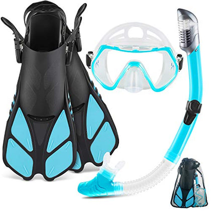 ZEEPORTE Mask Fin Snorkel Set, Travel Size Snorkeling Gear for Adults with Panoramic View Anti-Fog Mask, Trek Fins, Dry Top Snorkel and Gear Bag for Swimming Training, Snorkeling Kit Diving Packages (Color- Blue)