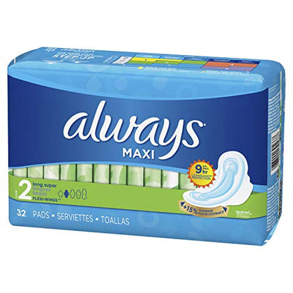 Always Maxi Feminine Pads For Women, Size 2 Long Super Absorbency, With Wings Unscented, 32 Count